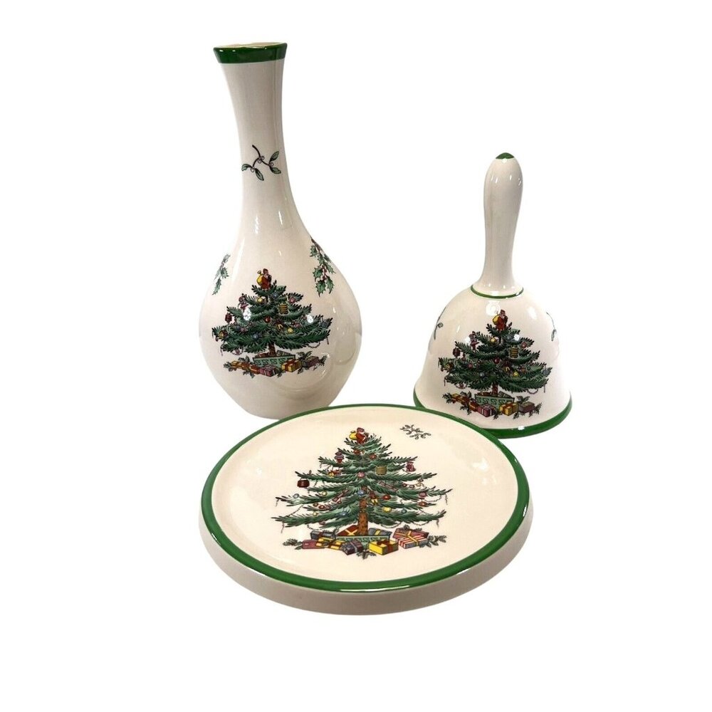 Vtg Spode Christmas Tree Dinner Bell Bud Vase Trivet Dish Tray Mixed Lot of 3